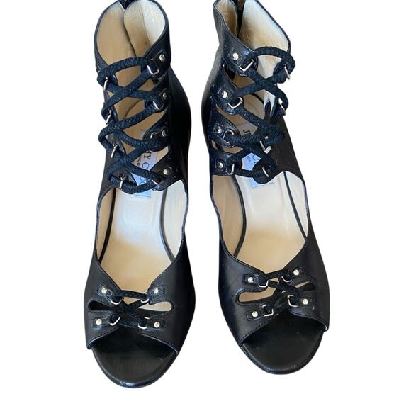 Jimmy Choo Black Leather Cut Out High Heel Sandals size 37 1/2 size 7.5 - Picture 3 of 12